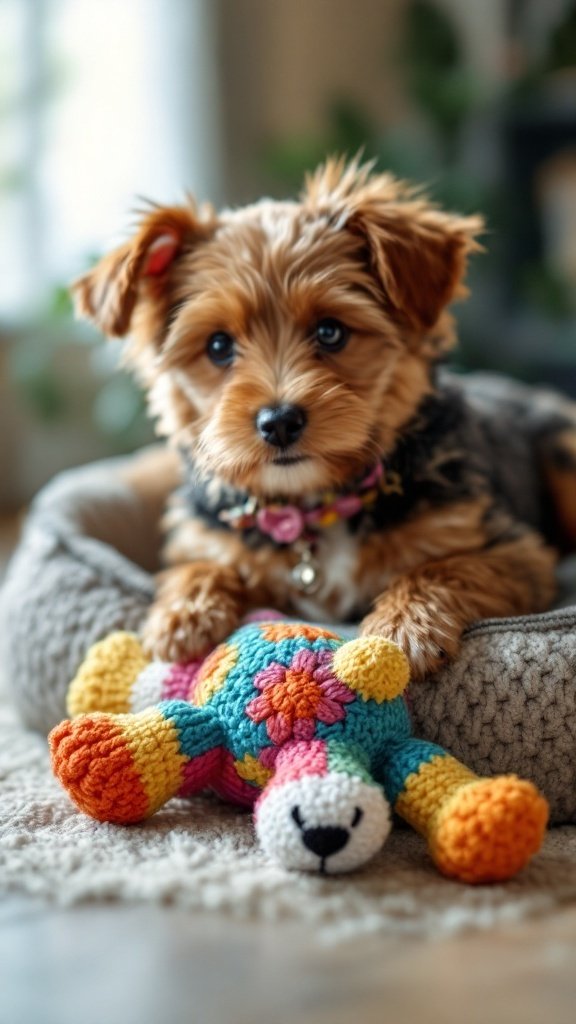 A cute puppy with a colorful crocheted toy.