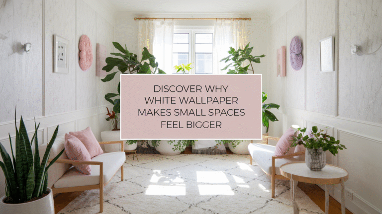 A photo of a small, cozy room transformed by the elegant use of white wallpaper with a subtle, textured pattern. The room is bright and airy, with natural light streaming through a window, illuminating the light-reflective surfaces. The room contains minimalistic furniture, tasteful green plants, and a light-colored rug. The walls are adorned with pastel pink and lavender decorations. A bold text overlay with the blog's title "Discover Why White Wallpaper Makes Small Spaces Feel Bigger" is placed in the center of the room. The overall composition evokes a sense of comfort and elegance.