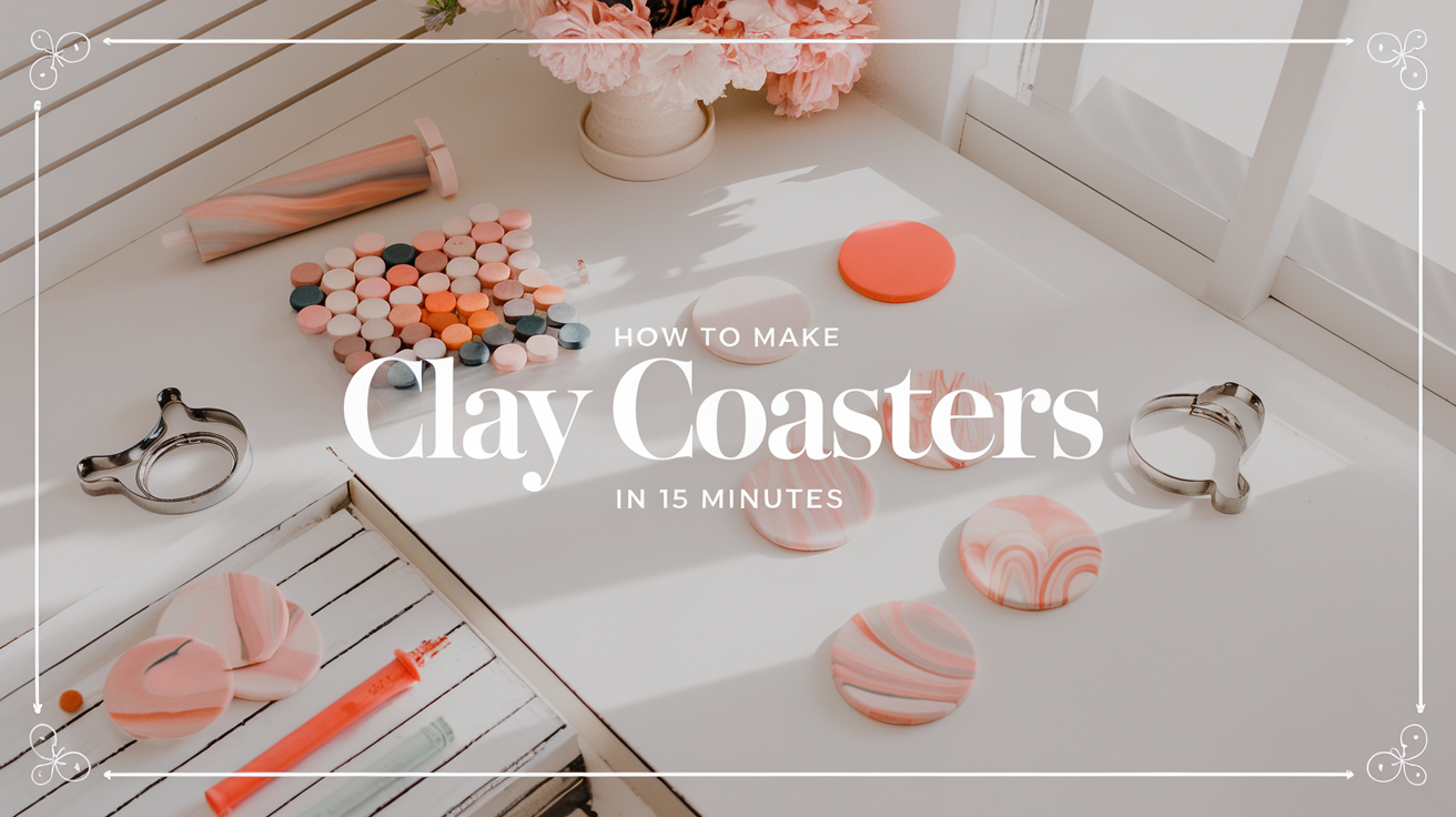 A serene, pastel-toned workspace bathed in natural light, with a clean, white backdrop. The setting includes essential clay crafting materials such as a neatly arranged spread of colored polymer clays, an acrylic roller, metal circle cutters, and some finished marbled clay coasters. The coasters are placed in a scattered, yet aesthetically pleasing manner to showcase different design variations. The text "How to Make Clay Coasters in 15 Minutes" is overlaid in a bold, elegant font. The overall image has a chic, style aesthetic with clean lines and subtle details.