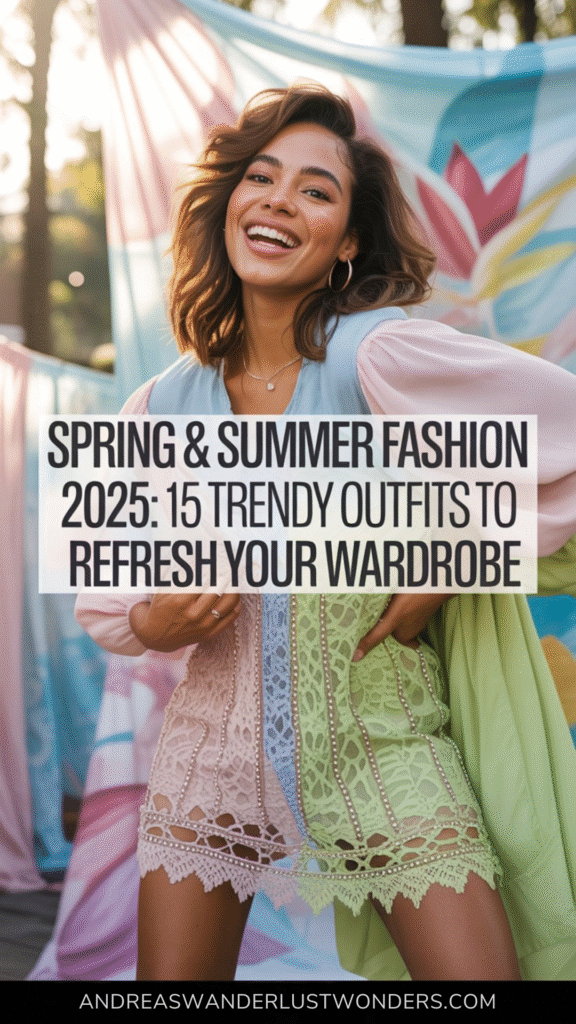 fashion photography style showcasing a joyful, brown-skinned woman model confidently posing with a warm, inviting smile. She is wearing a stylish, layered outfit incorporating soft pinks, pastel blues, and fresh greens, with a focus on a delicate lace texture and a Studded Corded Floral Lace Mini Dress that accentuates the spring/summer theme. The background features blurred abstract floral patterns and lightweight fabric layers, softly illuminated by diffused sunlight, enhancing the sense of seasonal renewal.